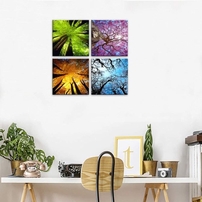 4 Panels Canvas Wall Art Spring Summer Autumn Winter Four Seasons Landscape Color Tree Painting Picture Prints Modern Giclee Artwork Stretched and Framed for Living Room Home Decoration - Image 2
