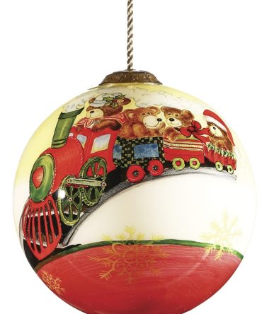 Baby First Christmas Teddy Bear Train Hand Painted Glass Hanging Ornament