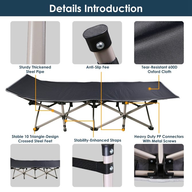 Folding Camping Cot Portable Sleeping Camping Bed Collapsible Travel Camp Cots Guest Bed Cot with 2-Sided Soft Pad 440LBS Max Load - Image 6