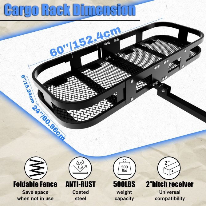 Trailer Hitch Cargo Carrier 500 Lbs,Heavy Duty Hitch Basket,Folding Cargo Carrier Hitch Mount Fits 2" Hitch Receiver with Waterproof Cargo Bag,License Plate Frame for Truck,SUV,RV - Image 9