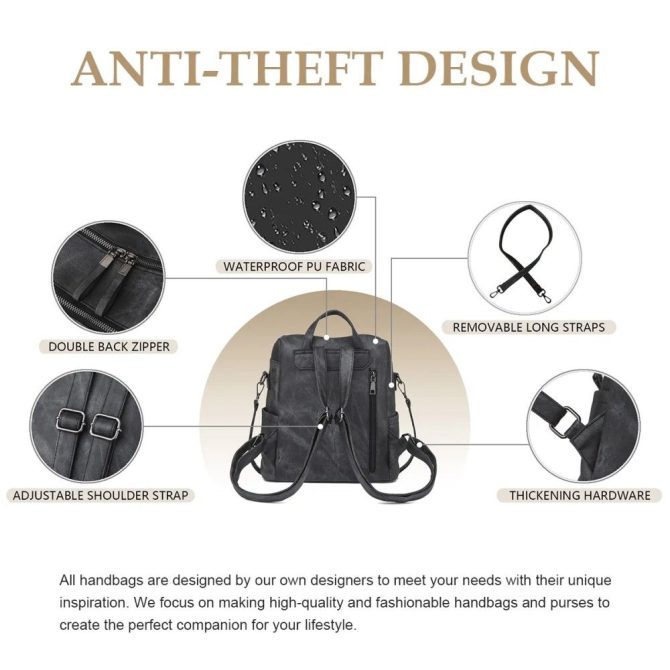 PU Leather Backpack Purse for Women Casual Handbag Ladies Shoulder Bags Black - Image 3