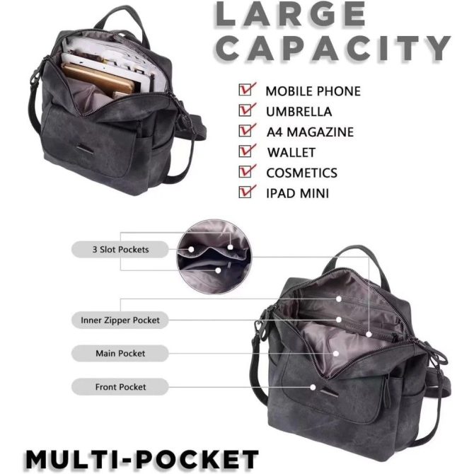 PU Leather Backpack Purse for Women Casual Handbag Ladies Shoulder Bags Black - Image 4