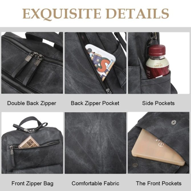 PU Leather Backpack Purse for Women Casual Handbag Ladies Shoulder Bags Black - Image 6