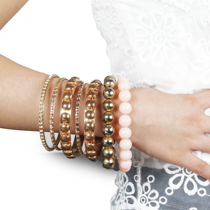 7-Piece Retro Burnished Gold Inlaid Rhinestones Bangle Bracelet Set - Image 3