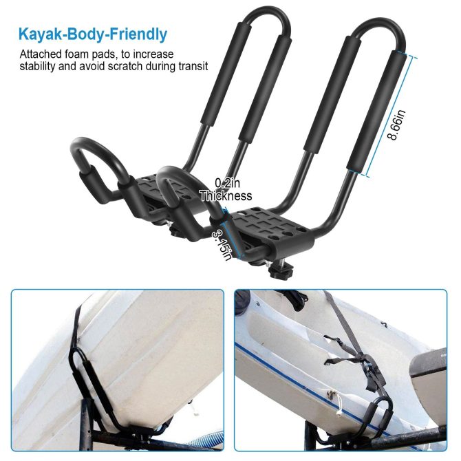 1 Pair Universal J-Bar Kayak Carrier 220LBS Load Heavy Duty Canoe Car Top Mount Carrier Roof Rack with 2Pcs Tie Down Straps - Image 3