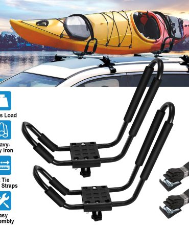 1 Pair Universal J-Bar Kayak Carrier 220LBS Load Heavy Duty Canoe Car Top Mount Carrier Roof Rack with 2Pcs Tie Down Straps