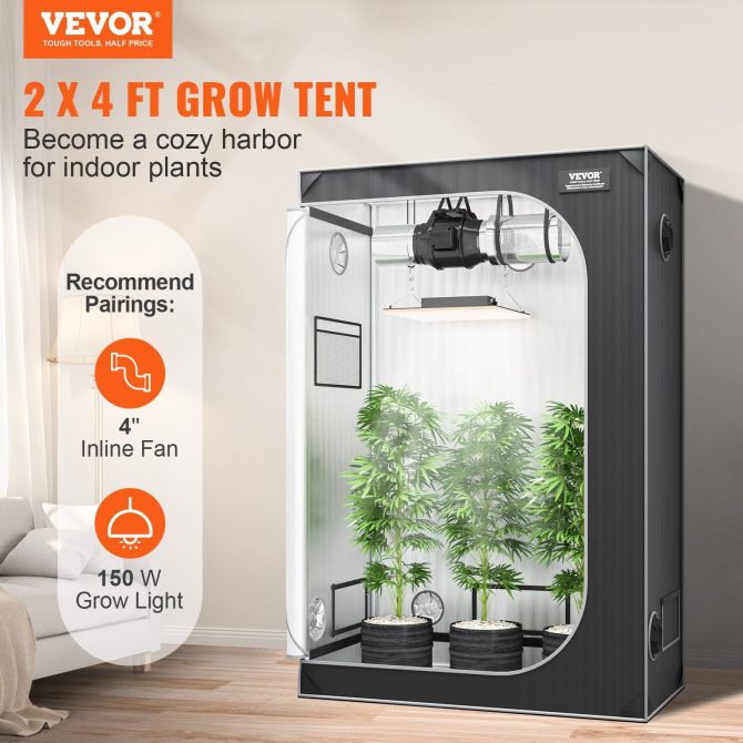 VEVOR 2x4 Grow Tent, 48'' x 24'' x 72'', High Reflective 2000D Mylar Hydroponic Growing Tent with Observation Window, Tool Bag and Floor Tray for Indoor Plants Growing - Image 2