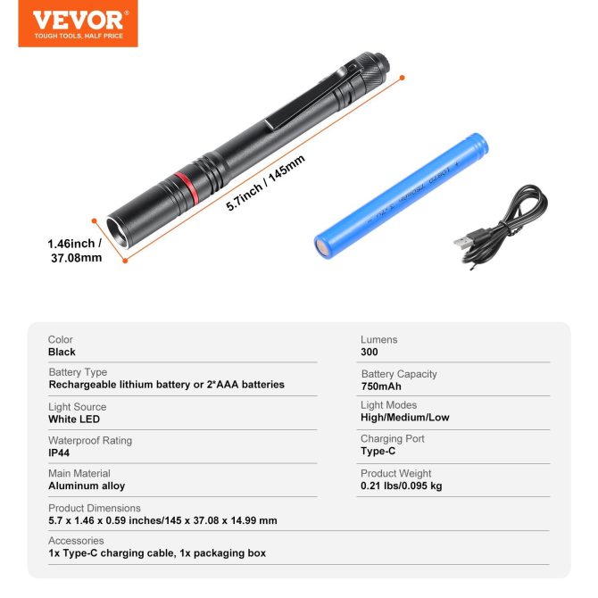 VEVOR 5.9 Inch Rechargeable Penlight 300 lumens 3 Lighting Modes Pocket Penlight - Image 7