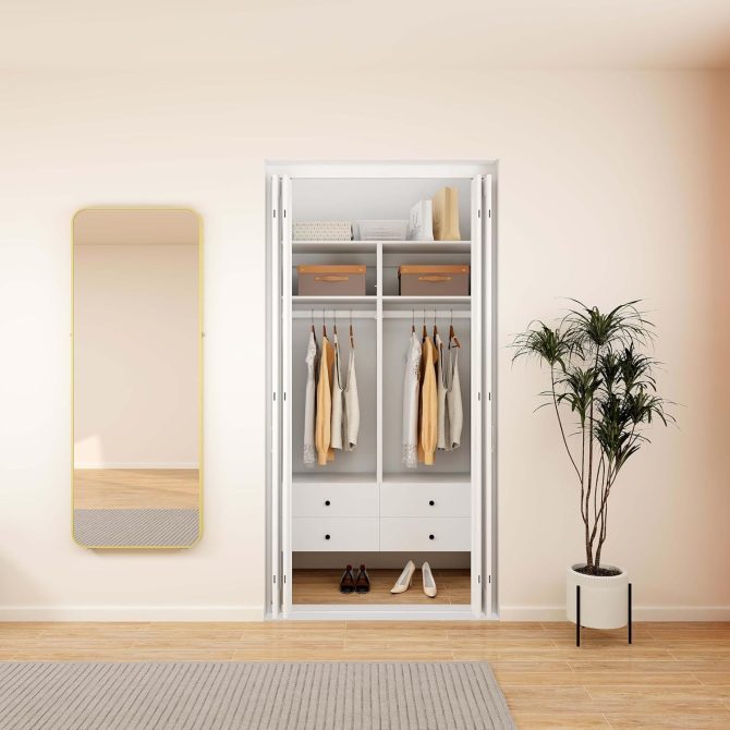 Closet Organizer System with Drawers,Walk in Closet Organizers and Storage, Wardrobe Closet with Closet Shelves, DIY Wooden Clothing Racks for Hanging Clothes (47" W x 16" D x 71" H)