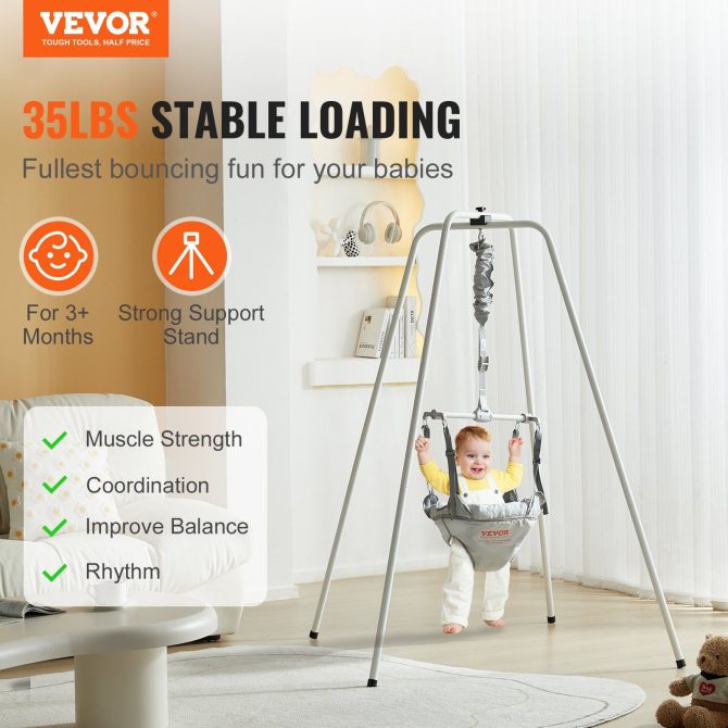 VEVOR Baby Jumper with Stand, Height-Adjustable Baby Jumpers and Bouncers, 35LBS Loading Toddler Infant Jumper for 3+ Months, Quick-Folding Indoor/Outdoor Jumper Exerciser Gift for Babies - Image 2