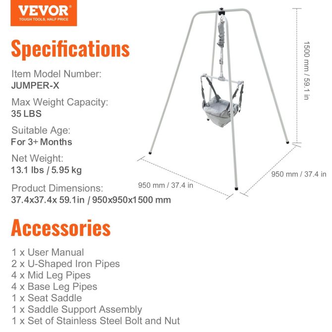 VEVOR Baby Jumper with Stand, Height-Adjustable Baby Jumpers and Bouncers, 35LBS Loading Toddler Infant Jumper for 3+ Months, Quick-Folding Indoor/Outdoor Jumper Exerciser Gift for Babies - Image 7