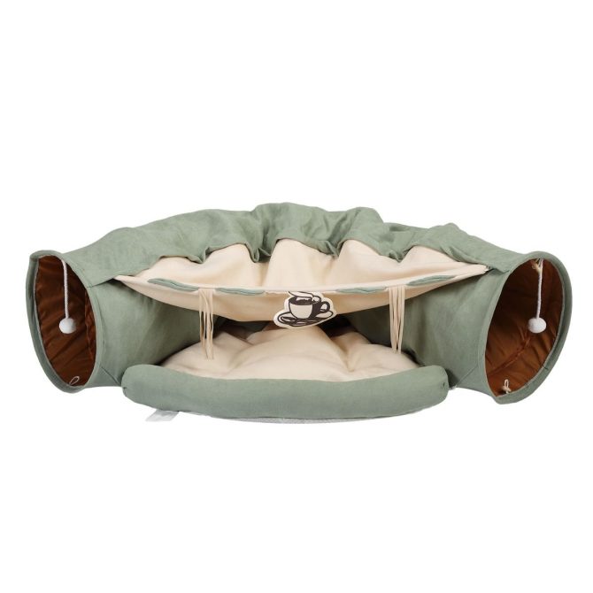Cat's Telescopic Tunnel Cushioned Bed Pet Nest Teasing Balls Zipper Connection Feline Supplies, Bright Green XH - Image 2