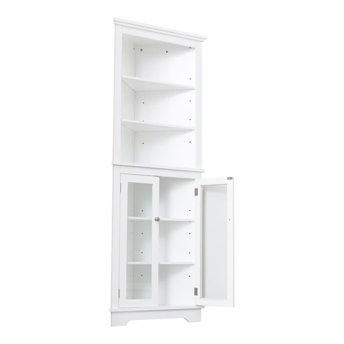 FRALIMK Matte White Tall Corner Storage Cabinet, Floor Storage Narrow Organizers With Double Glass Doors and Adjustable Shelves - Image 4