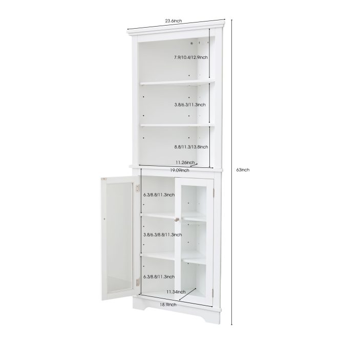 FRALIMK Matte White Tall Corner Storage Cabinet, Floor Storage Narrow Organizers With Double Glass Doors and Adjustable Shelves - Image 5