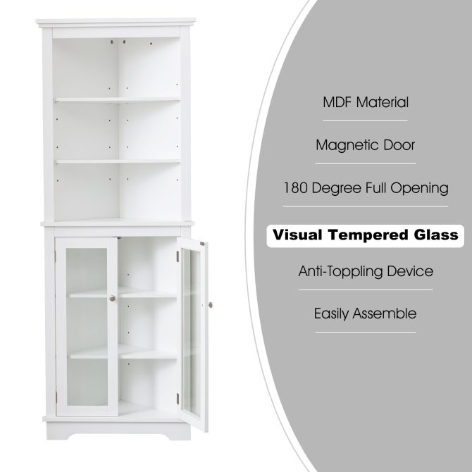 FRALIMK Matte White Tall Corner Storage Cabinet, Floor Storage Narrow Organizers With Double Glass Doors and Adjustable Shelves - Image 10