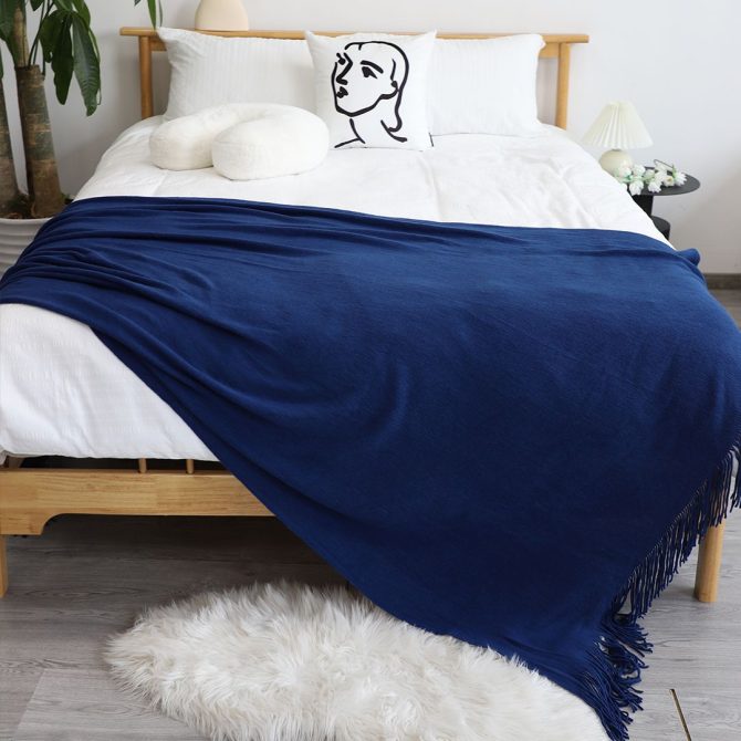 SOGA Royal Blue Acrylic Knitted Throw Blanket - Image 8