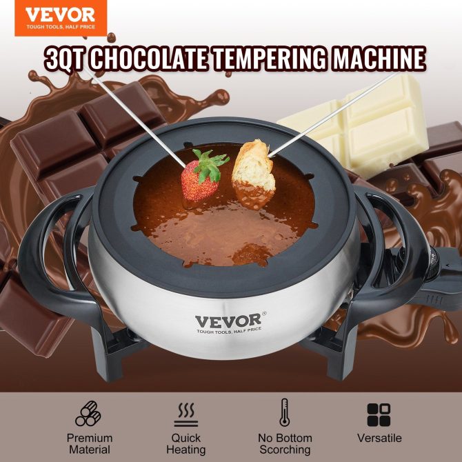 VEVOR Electric Fondue Pot Set for Cheese & Chocolate, 3 Quart Chocolate Melting Warmer, Stainless Steel Fondue Maker with Temperature Control and 8 Forks, for Hors d'Oeuvres, Entrees, and Desserts - Image 2