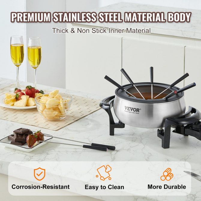 VEVOR Electric Fondue Pot Set for Cheese & Chocolate, 3 Quart Chocolate Melting Warmer, Stainless Steel Fondue Maker with Temperature Control and 8 Forks, for Hors d'Oeuvres, Entrees, and Desserts - Image 4