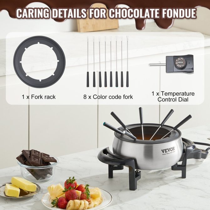 VEVOR Electric Fondue Pot Set for Cheese & Chocolate, 3 Quart Chocolate Melting Warmer, Stainless Steel Fondue Maker with Temperature Control and 8 Forks, for Hors d'Oeuvres, Entrees, and Desserts - Image 5