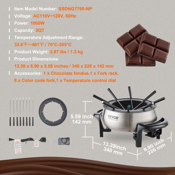 VEVOR Electric Fondue Pot Set for Cheese & Chocolate, 3 Quart Chocolate Melting Warmer, Stainless Steel Fondue Maker with Temperature Control and 8 Forks, for Hors d'Oeuvres, Entrees, and Desserts - Image 7
