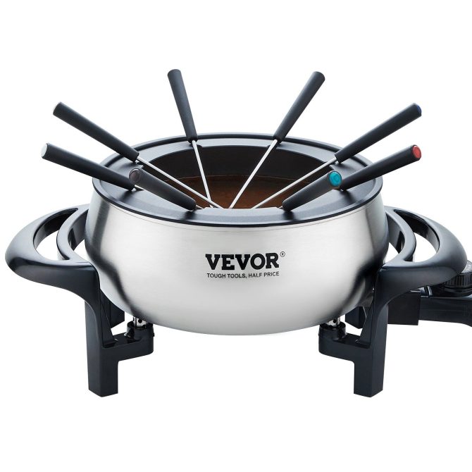 VEVOR Electric Fondue Pot Set for Cheese & Chocolate, 3 Quart Chocolate Melting Warmer, Stainless Steel Fondue Maker with Temperature Control and 8 Forks, for Hors d'Oeuvres, Entrees, and Desserts