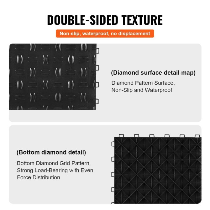 VEVOR Garage Tiles Interlocking, 12 x 12 x 0.53 inch 50 Pack Garage Floor Covering Tiles, Non-Slip Double-Sided Texture Garage Flooring Tiles, for Garages, Basements, Repair Shops, Black - Image 4
