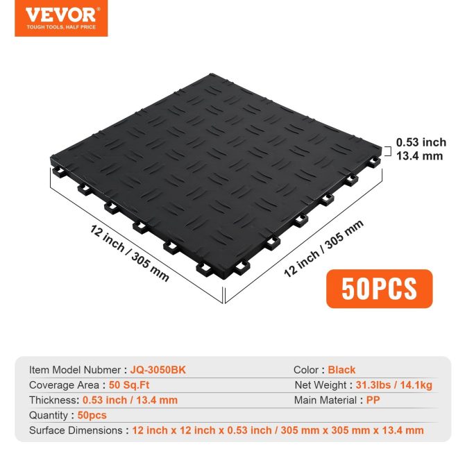 VEVOR Garage Tiles Interlocking, 12 x 12 x 0.53 inch 50 Pack Garage Floor Covering Tiles, Non-Slip Double-Sided Texture Garage Flooring Tiles, for Garages, Basements, Repair Shops, Black - Image 7