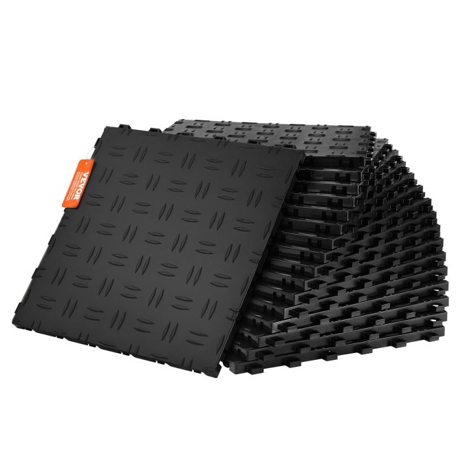 VEVOR Garage Tiles Interlocking, 12 x 12 x 0.53 inch 50 Pack Garage Floor Covering Tiles, Non-Slip Double-Sided Texture Garage Flooring Tiles, for Garages, Basements, Repair Shops, Black