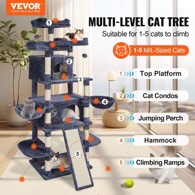 VEVOR Cat Tree 68.5" Cat Tower for Indoor Cats with Cat Condos Scratching Post - Image 2