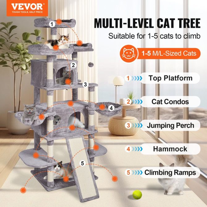 VEVOR Cat Tree 68.5" Cat Tower for Indoor Cats with Cat Condos Scratching Post - Image 2