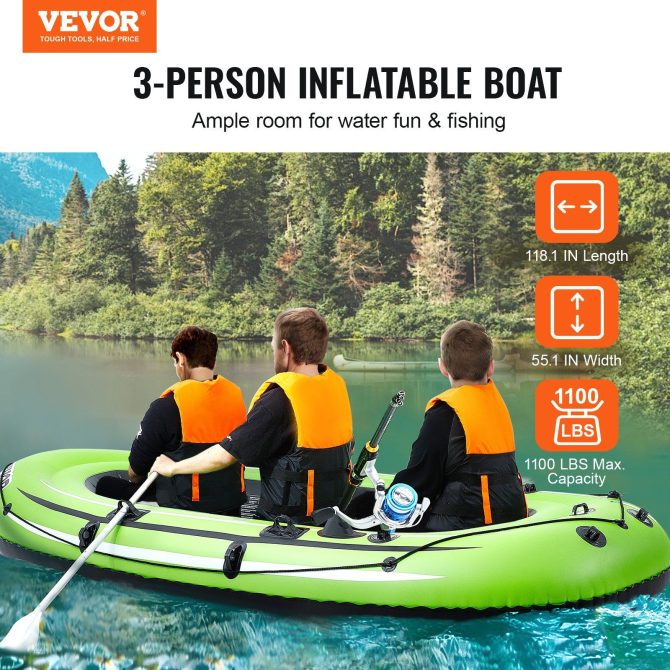 VEVOR Inflatable Boat, 3-Person Inflatable Fishing Boat, Strong PVC Portable Boat Raft Kayak, 45.6" Aluminum Oars, High-Output Pump, Fishing Rod Holders, and 2 Seats, 1100 lb Capacity for Adults, Kids - Image 2