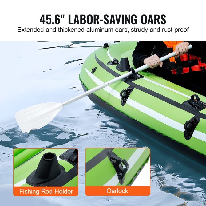 VEVOR Inflatable Boat, 3-Person Inflatable Fishing Boat, Strong PVC Portable Boat Raft Kayak, 45.6" Aluminum Oars, High-Output Pump, Fishing Rod Holders, and 2 Seats, 1100 lb Capacity for Adults, Kids - Image 5