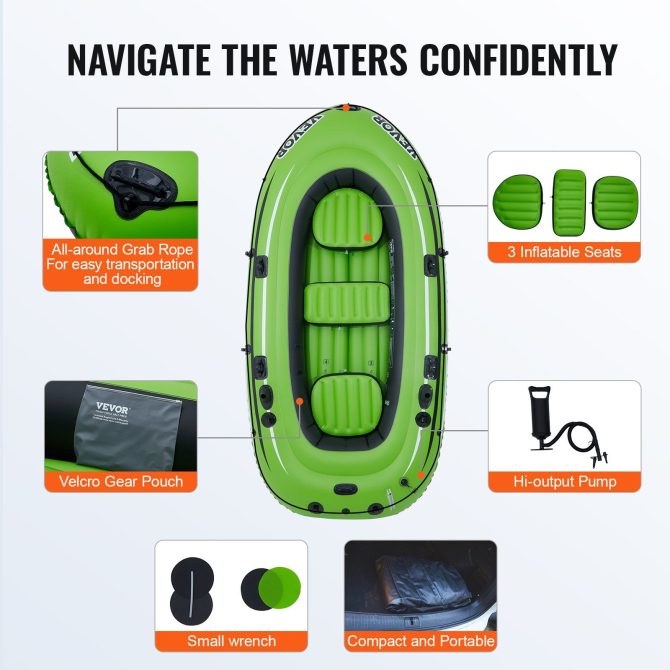VEVOR Inflatable Boat, 3-Person Inflatable Fishing Boat, Strong PVC Portable Boat Raft Kayak, 45.6" Aluminum Oars, High-Output Pump, Fishing Rod Holders, and 2 Seats, 1100 lb Capacity for Adults, Kids - Image 6