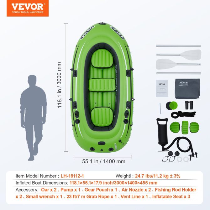 VEVOR Inflatable Boat, 3-Person Inflatable Fishing Boat, Strong PVC Portable Boat Raft Kayak, 45.6" Aluminum Oars, High-Output Pump, Fishing Rod Holders, and 2 Seats, 1100 lb Capacity for Adults, Kids - Image 7