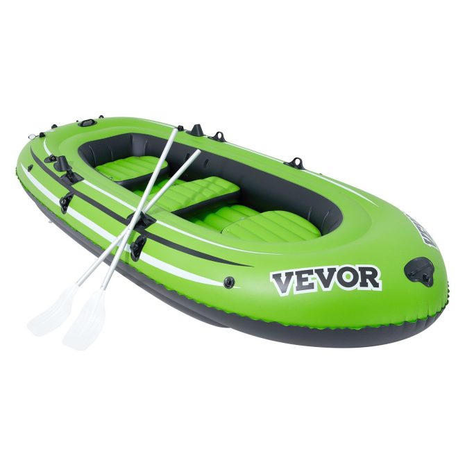 VEVOR Inflatable Boat, 3-Person Inflatable Fishing Boat, Strong PVC Portable Boat Raft Kayak, 45.6" Aluminum Oars, High-Output Pump, Fishing Rod Holders, and 2 Seats, 1100 lb Capacity for Adults, Kids