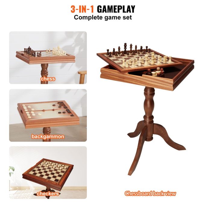 VEVOR 3-IN-1 Chess Checkers Backgammon Table Set, 18 Inch Premium Wooden Chess Table, Deluxe Combo Game Table Furniture Set, Chess Set Board Game Gift for Family Board Games - Image 6