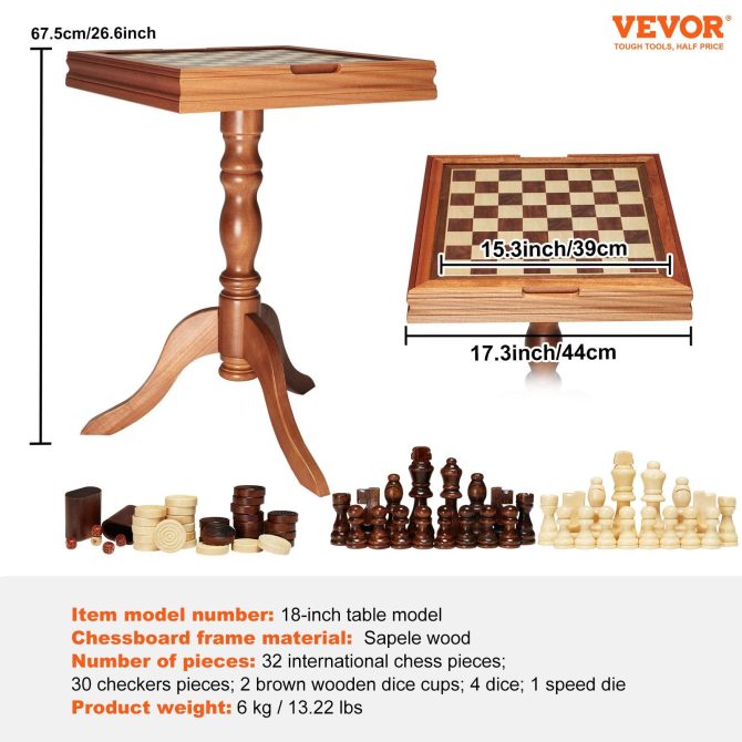 VEVOR 3-IN-1 Chess Checkers Backgammon Table Set, 18 Inch Premium Wooden Chess Table, Deluxe Combo Game Table Furniture Set, Chess Set Board Game Gift for Family Board Games - Image 7