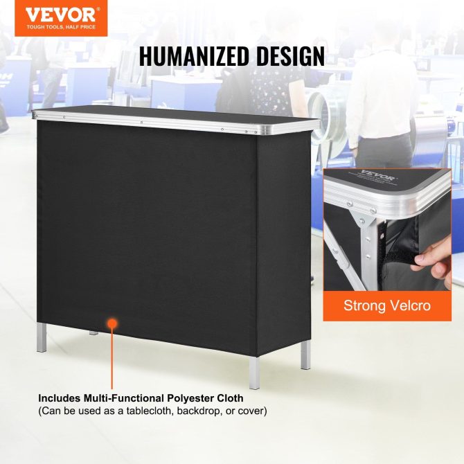 VEVOR Folding Portable Bar Table, Tradeshow Podium Table for Indoor, Outdoor, Party, Picnic, Exhibition, Includes Carrying Case, Storage Shelf and Black Skirt, 38.39" x 15.16" x 34.25" - Image 2