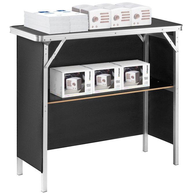 VEVOR Folding Portable Bar Table, Tradeshow Podium Table for Indoor, Outdoor, Party, Picnic, Exhibition, Includes Carrying Case, Storage Shelf and Black Skirt, 38.39" x 15.16" x 34.25" - Image 11