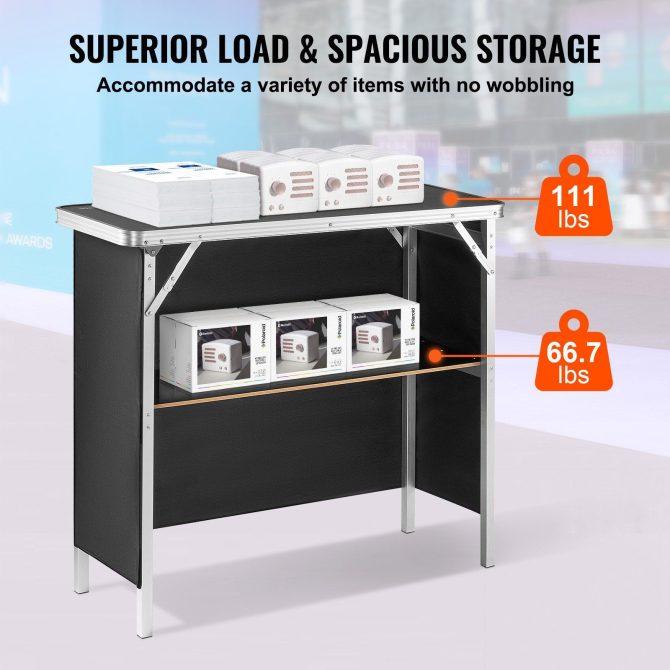 VEVOR Folding Portable Bar Table, Tradeshow Podium Table for Indoor, Outdoor, Party, Picnic, Exhibition, Includes Carrying Case, Storage Shelf and Black Skirt, 38.39" x 15.16" x 34.25" - Image 3