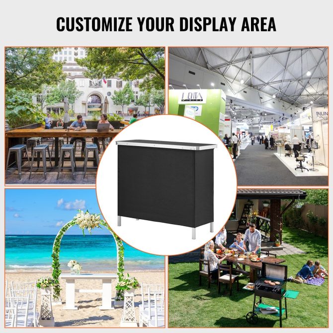 VEVOR Folding Portable Bar Table, Tradeshow Podium Table for Indoor, Outdoor, Party, Picnic, Exhibition, Includes Carrying Case, Storage Shelf and Black Skirt, 38.39" x 15.16" x 34.25" - Image 6