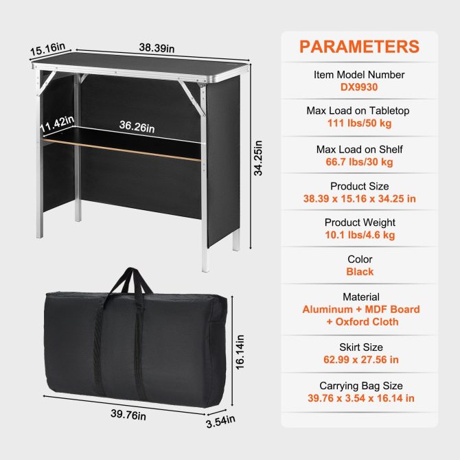 VEVOR Folding Portable Bar Table, Tradeshow Podium Table for Indoor, Outdoor, Party, Picnic, Exhibition, Includes Carrying Case, Storage Shelf and Black Skirt, 38.39" x 15.16" x 34.25" - Image 7