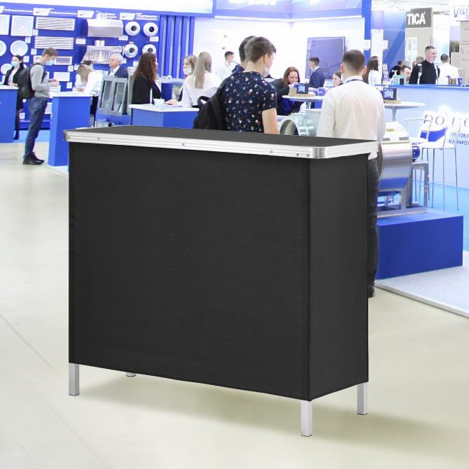 VEVOR Folding Portable Bar Table, Tradeshow Podium Table for Indoor, Outdoor, Party, Picnic, Exhibition, Includes Carrying Case, Storage Shelf and Black Skirt, 38.39" x 15.16" x 34.25" - Image 8