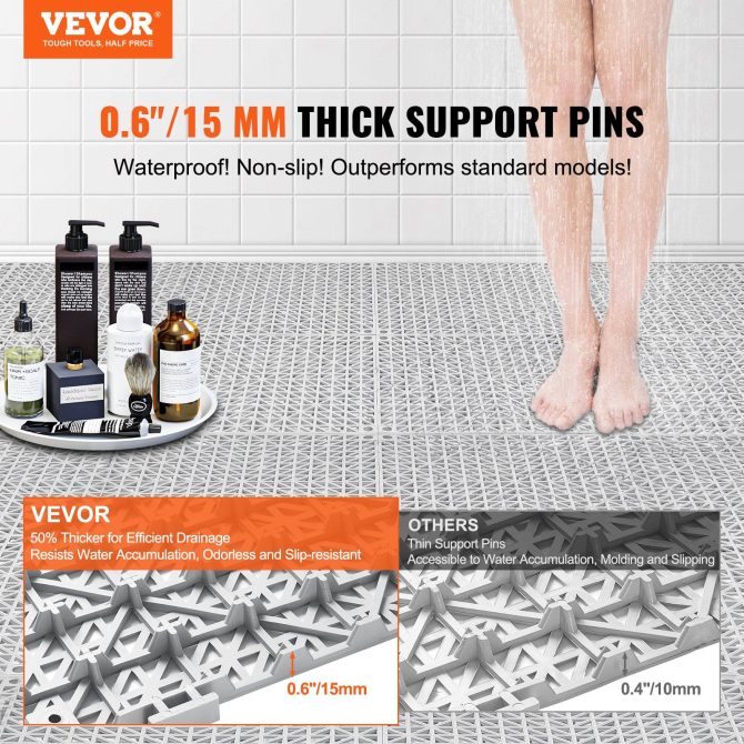VEVOR Modular Interlocking Cushion, 12 Pack 12" x 12" Splicing Drainage Mats, PVC Interlocking Drainage Floor Tiles, Non-Slip Drainage Holes for Restroom, Bathroom, Kitchen, Pool, Wet Areas, Gray - Image 2