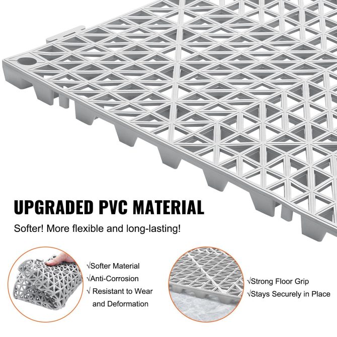 VEVOR Modular Interlocking Cushion, 12 Pack 12" x 12" Splicing Drainage Mats, PVC Interlocking Drainage Floor Tiles, Non-Slip Drainage Holes for Restroom, Bathroom, Kitchen, Pool, Wet Areas, Gray - Image 3