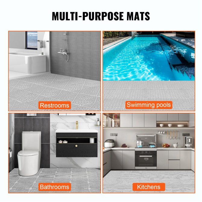 VEVOR Modular Interlocking Cushion, 12 Pack 12" x 12" Splicing Drainage Mats, PVC Interlocking Drainage Floor Tiles, Non-Slip Drainage Holes for Restroom, Bathroom, Kitchen, Pool, Wet Areas, Gray - Image 6