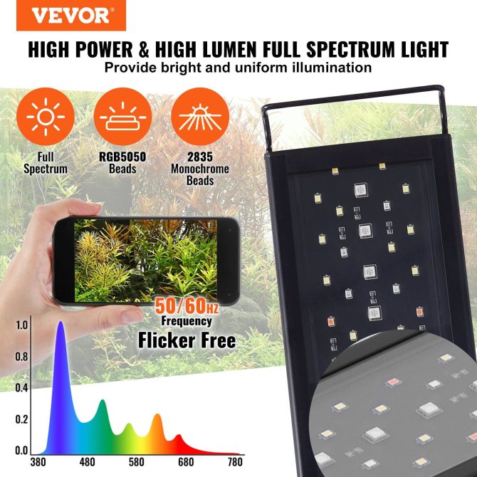 VEVOR Aquarium Light with LCD Monitor, 14W Full Spectrum Fish Tank Light with 24/7 Natural Mode, Adjustable Brightness & Timer - Aluminum Alloy Shell Extendable Brackets for 12"-18" Freshwater Tank - Image 2