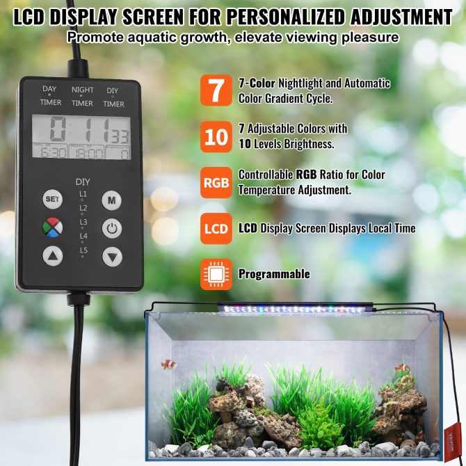 VEVOR Aquarium Light with LCD Monitor, 14W Full Spectrum Fish Tank Light with 24/7 Natural Mode, Adjustable Brightness & Timer - Aluminum Alloy Shell Extendable Brackets for 12"-18" Freshwater Tank - Image 3