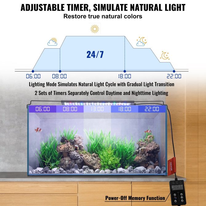 VEVOR Aquarium Light with LCD Monitor, 14W Full Spectrum Fish Tank Light with 24/7 Natural Mode, Adjustable Brightness & Timer - Aluminum Alloy Shell Extendable Brackets for 12"-18" Freshwater Tank - Image 4