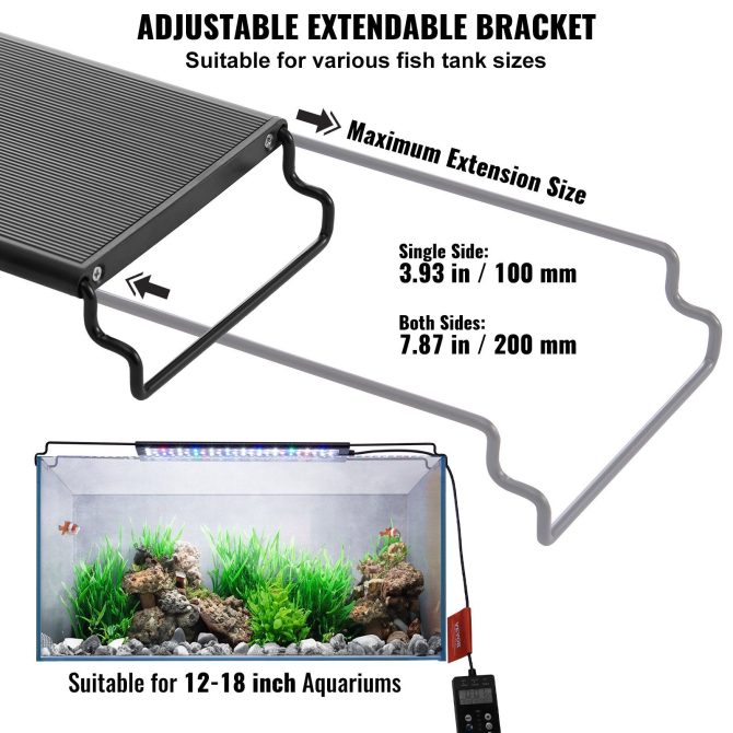 VEVOR Aquarium Light with LCD Monitor, 14W Full Spectrum Fish Tank Light with 24/7 Natural Mode, Adjustable Brightness & Timer - Aluminum Alloy Shell Extendable Brackets for 12"-18" Freshwater Tank - Image 6
